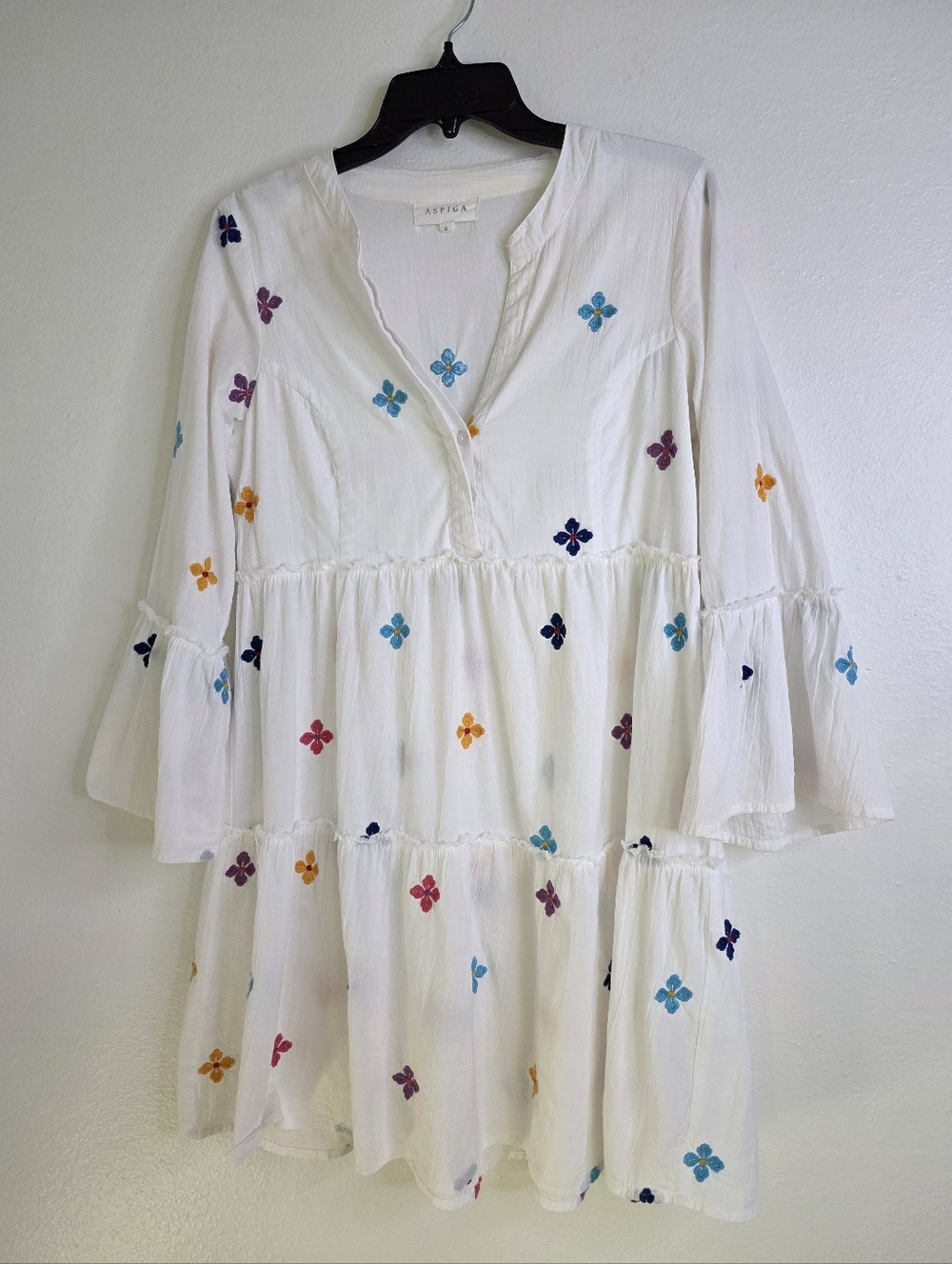 ​Aspiga Cristina White Organic Cotton Dress Blue Floral Embroidered Boho Small